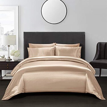 AiMay 3 Piece Satin Duvet Cover Set Bedding Sets Luxury Rich Silk Silky Super Soft Solid Color Reversible StainResistant Wrinkle Free Queen Taupe