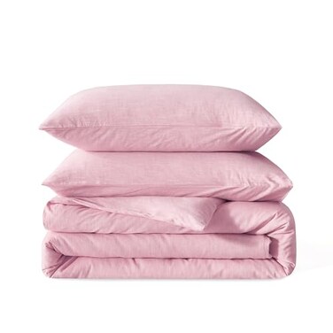 BFS HOME Linen Duvet Cover King Size Soft Breathable Cotton Linen Blend 3Pieces Bedding Set with 2 Pillowcases Stonewashed Texture Light Pink AllSeason Comfort