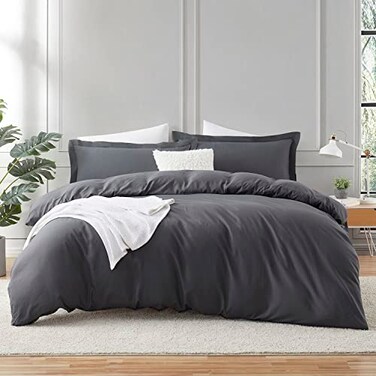 HearthHarbor Hearth Harbor Dark Grey Duvet Cover Queen Size 3 Piece Queen Duvet Cover Set Soft Double Brushed Queen Size Duvet Covers with Button Closure 1 Duvet Cover 90x90 inches and 2 Pillow Sha