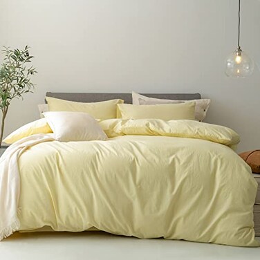 FOSSA Duvet Cover Set 100 Washed Cotton Linen Feel Super Soft Breathable Cozy 3 Pieces Bedding Sets Solid Pastel Yellow Queen