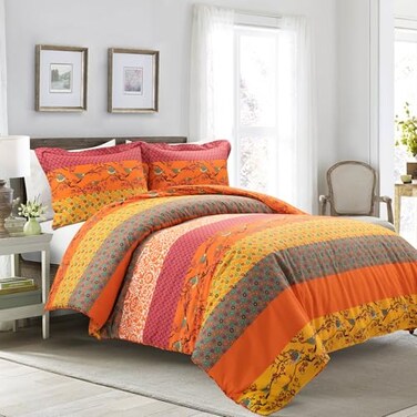 Lush Decor Royal Empire Reversible Cotton Duvet Cover Set 3 Piece Set King Tangerine Striped Bedding Set King Duvet Set Boho Decor Orange Bedding
