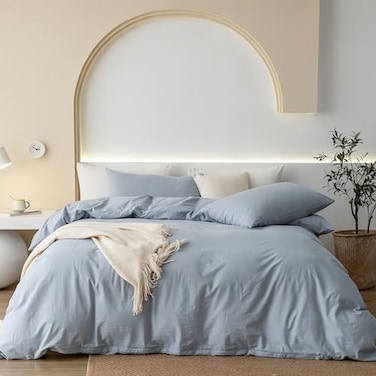JIYUAN Queen Size Duvet Cover Set 3Piece 100 Washed Cotton LinenLike Soft Breathable with Zipper Closure Includes 90x90 Inch Cover 2 Pillowcases Heathered Light Blue