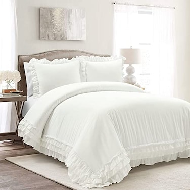 Lush Decor Ella Ruffle Lace 100 Cotton Duvet Cover 3 Piece Set FullQueen White Cute Comforter Queen Bedding Set White Bedding Full Size Coquette Decor Neutral Lace Trim Ruffle Trim