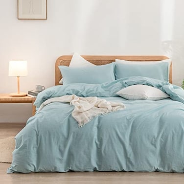 BESTOUCH Duvet Cover Set 100 Washed Cotton Linen Feel Super Soft Comfortable Chic Lightweight 3 PCs Home Bedding Set Solid Hushed Green King