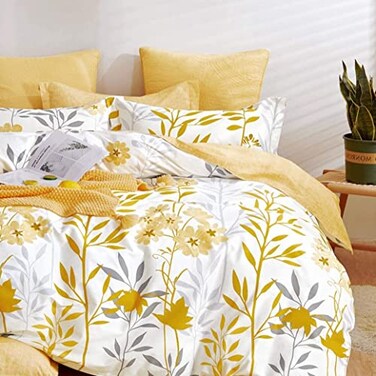 SLEEPBELLA Duvet Cover Set 600 Thread Count White Floral Cotton Bedding Set Full Yellow White Botanical