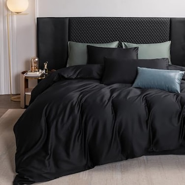 MooMee Duvet Cover Set 100 Extra Long Staple Cotton 600 Thread Count Sateen Smooth Luxury Breathable Hotel Quality Cooling Bedding for All Season 3 Pieces Black Queen 90x90