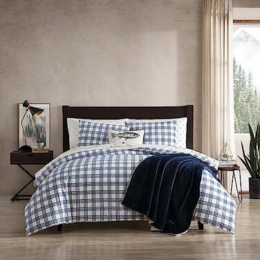 Eddie Bauer King Duvet Cover Set Cotton Bedding Set with Matching Shams Casual Home Dcor Basic Plaid Navy King