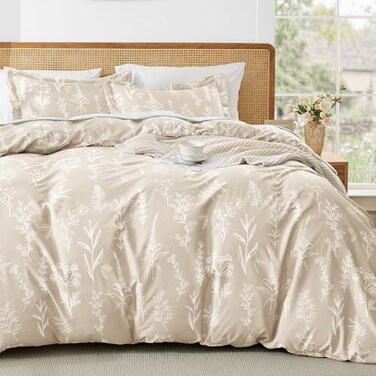 MUXHOMO Duvet Cover King Size Reversible Floral Beige Duvet Cover Set with Zipper Closure 3 Pieces Botanical Patterns Soft Microfiber Bedding Set 90x104 2 Pillow Cases 2036
