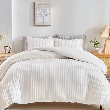 WARMDERN White Boho Duvet Cover Set Full Size Striped Textured Duvet Cover Tufted Bedding Set 3 Pcs Ultra Soft Washed Microfiber Duvet Cover with Zipper Closure Full White