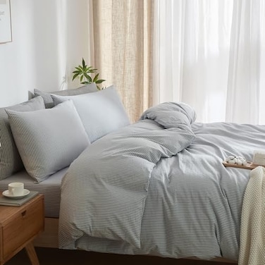 MWL Toy Striped Duvet Cover Set King Size 3 Pcs Breathable Durable 100 Washed Cotton Comforter Cover for All Seasons Chic Linen Like Textured Bedding Set Light Blue White Pinstripes King