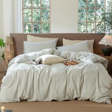 MooMee Striped Duvet Cover Set 100 Washed Cotton Linen Like Textured Breathable Durable Soft Comfy Sage Green White Classic Stripes Twin 68x90