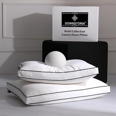 DOWNSTORIA Feather Down Pillows Standard Size Set of 2 with Gusset Luxury Hotel Collection Bed Pillow 2 Pack Down Surrounded Gusseted Pillows for Sleeping Fluffy for Side Back Sleepers 20x26 in