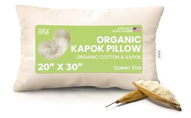 Bean Products Kapok 20 x 30 Queen Pillow Breathable EcoFriendly and Durable Organic Cotton Fabric Bed Pillow Soft and Supportive Pillow for Sleeping Made in The USA