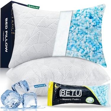 BETU Cooling Pillows Standard Size Set of 2 Shredded Memory Foam Standard Pillows Set of 2 for Hot Sleepers Adjustable Firm Soft Support Pillow for Side Back Stomach Sleeping White
