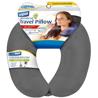 Cloudz Dual Comfort Microbead Airplane Travel Neck Pillow Super Soft Cozy Plush Fabric on One Side Cool Relaxing Spandex on The Other Customize Your Comfort and Support at Home or On The Go Grey