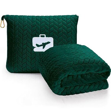 EverSnug Travel Blanket Pillow 68x42 Premium UltraSoft Microfleece 2 in 1 Compact Packable Flight Blanket with Soft Bag Pillowcase Hand Luggage Sleeve and Backpack Clip Forest Green