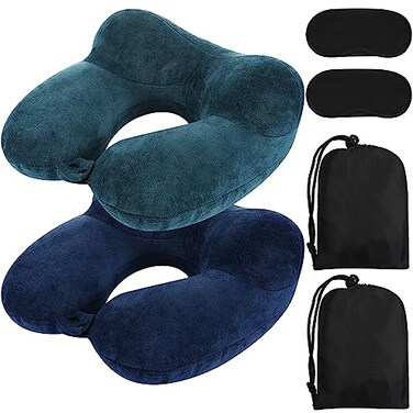 Sintuff 2 Pack Inflatable Travel Pillow for Airplanes Inflatable Neck Flight Pillows with Compact Bag and Blindfold for Traveling Airplane Train Car OfficePeacock Green and Blue