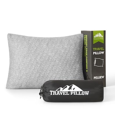 PEUJEW Camping Pillow Shredded Memory Foam Pillow Compressible Travel Pillow Breathable Cover Ideal Backpacking Airplane Hiking