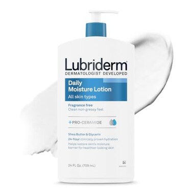 Lubriderm Fragrance Free Daily Moisture Body Lotion ProCeramide Unscented Lotion Body Lotion for Dry Skin Shea Butter Glycerin NonGreasy 24Hour Moisturizer Paraben Dye Free 24 Fl Oz