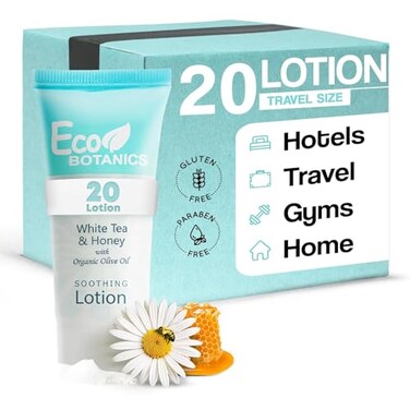 Eco Botanics Travel Size Hotel Lotion 20 Count 085 oz Bottles Guest Amenities Vacation Rentals and Short Term Rentals Paraben Free White Tea Scent Infused with Aloe Honey and Olive Oil by