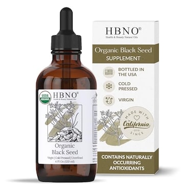 HBNO Organic Black Seed Oil Huge 4oz 120ml Glass Bottle Value Size USDA Black Seed Oil Cold Pressed for Face Body Lips Shampoo Conditioner