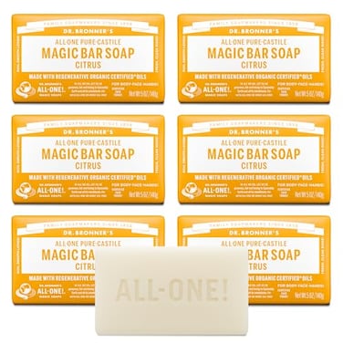 Dr. Bronner's Dr Bronners PureCastile Magic Soap Bar Citrus 5 oz 6Pack Bath Soap with Regenerative Organic Certified Oils For Face Body Hair Gentle Vegan Bars for Men Women