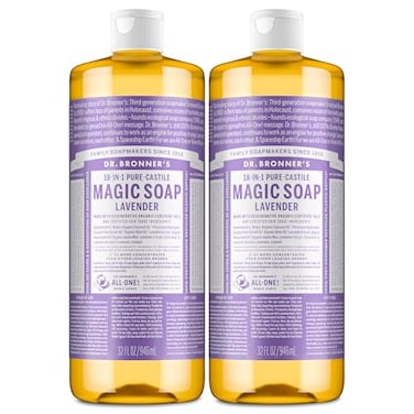 Dr. Bronner's Dr Bronners Magic Soap PureCastile Liquid Soap Lavender 32 ounce 2Pack Regenerative Organic Certified Oils 18in1 Uses Body Hair Laundry Pets Dishes Concentrated Vegan NonGMO