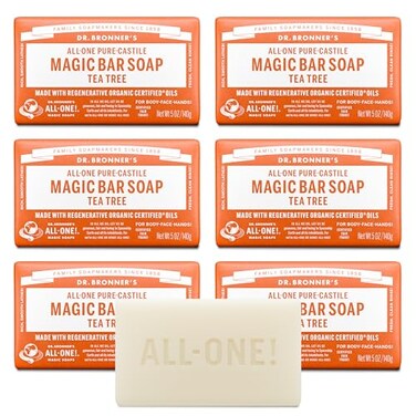 Dr. Bronner's Dr Bronners PureCastile Magic Bar Soap Tea Tree 5 ounce 6Pack Made with Regenerative Organic Certified Oils For Face Body Hair Gentle Vegan NonGMO