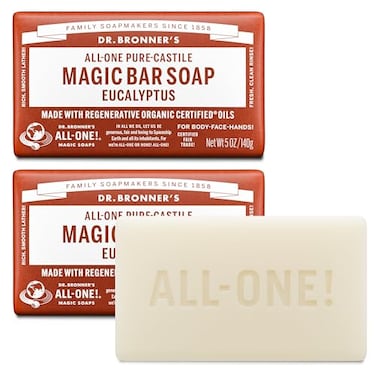 Dr. Bronner's Dr Bronners PureCastile Magic Bar Soaps Made with Regenerative Organic Certified Oils For Face Body Hair Vegan Soap Bars for Men Women Eucalyptus 2 pack 5 oz
