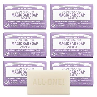Dr. Bronner's Dr Bronners PureCastile Magic Soap Bars Lavender 5 oz 6Pack Bath Soap with Regenerative Organic Certified Oils For Face Body Hair Gentle Biodegradable Vegan Bar Soaps for Men Women