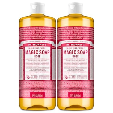 Dr. Bronner's Dr Bronners PureCastile Magic Liquid Soap Rose 32 Ounce 2Pack Made with Regenerative Organic Certified Oils 18in1 Uses Face Hair Hand Body Soap Laundry Pets Concentrated Vegan