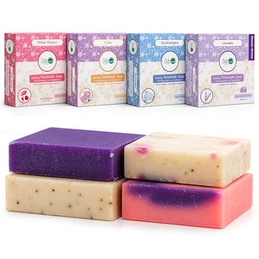 360Feel 360 Feel Floral Bar Soap Set Made in the USA Castile Handmade All Natural Cold Processed Infused with Lavender Lilac Hydrangea Petal Dance Moisturizing Skin Care 5oz 4Pack