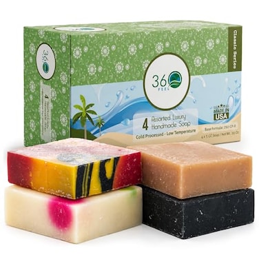 360Feel Assorted Bar Soap Set Made in the USA Castile Handmade All Natural Cold Processed Gentle on Sensitive Skin Includes 4 Assorted Scents Earthy Floral Fruity Sweet 5oz 4Pack