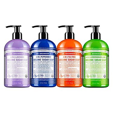 Dr. Bronner's Dr Bronners Organic Sugar Soap 12 oz Variety Pack Lavender Peppermint Tea Tree Lemongrass Made with Organic Oils Sugar Shikakai Powder 4in1 Use Hands Body Face Hair 4 Count