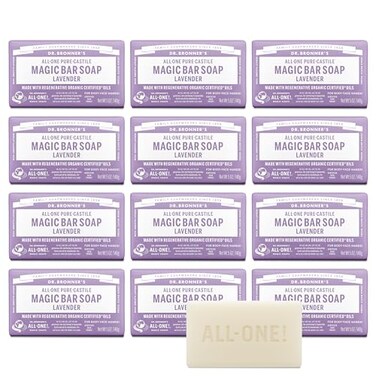 Dr. Bronner's Dr Bronners PureCastile Magic Bar Soap Lavender 5 Ounce 12Pack Made with Regenerative Organic Certified Oils For Face Body Hair Gentle Moisturizing Biodegradable Vegan Crueltyfree