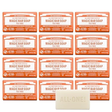 Dr. Bronner's Dr Bronners PureCastile Magic Bar Soap Tea Tree Made with Regenerative Organic Certified Oils For Face Body Hair Gentle Vegan NonGMO 5oz 12Pack