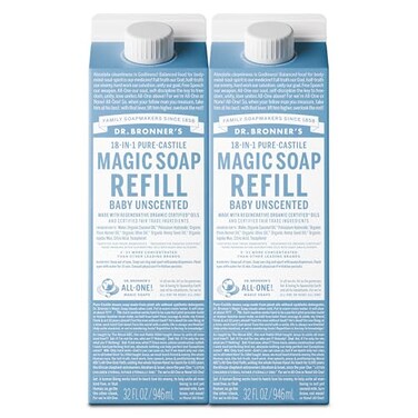 Dr. Bronner's Dr Bronners Magic SoapPureCastile Liquid Refill Baby Unscented 32 ounce 2Pack Made with Regenerative Organic Certified Oils For Body Hair Laundry Pets Dishes Concentrated Vegan