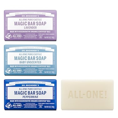 Dr. Bronner's Dr Bronners PureCastile Magic Bar Soap Made with Regenerative Organic Certified Oils For Face Body Hair Vegan Soap Bars for Men Women Variety 3Pack Peppermint Lavender Unscented