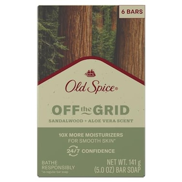 Old Spice Bar Soap for Men Off the Grid Sandalwood Aloe Vera Scent 10x More Moisturizers for Smooth Skin with Mild Exfoliators Plant Based Cleansers 50 oz Pack of 6