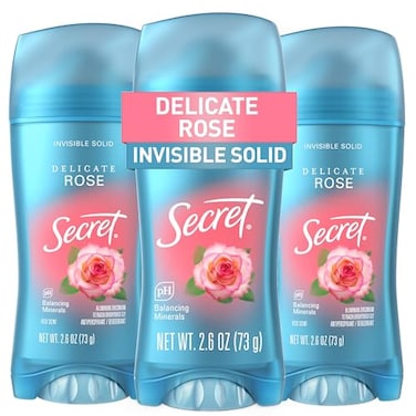 Secret Fresh Antiperspirant Deodorant for Women 72hr Breathable Sweat Odor Protection Instant Freshness Gentle PH Balancing Minerals Invisible Solid Delicate Rose Scent 26 oz Pack of 3