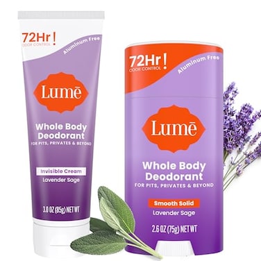 Lume Whole Body Deodorant Invisible Cream and Solid 72 Hour Odor Control Aluminum Free Baking Soda Free Skin Safe 30 Ounce Cream and 26 Ounce Solid Bundle Lavender Sage