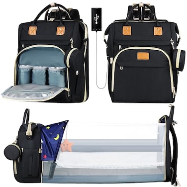 ZRSUN Diaper Bag Backpack Multifunctional Baby Travel Bag with Foldable Changing Station Portable Changing Pad USB Charging Port Black