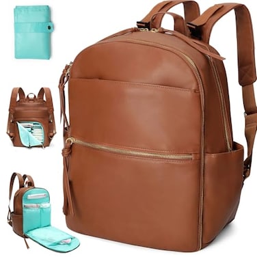 MOMINSIDE Diaper Bag Backpack with 6 Insulated Pockets Leather Diaper Bag Large Baby Bag for Mom Baby Registry 18 Pockets Changing Pad Stroller Straps Brown