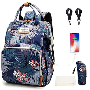QWREOIA Floral Diaper Bag Backpack with USB Charging Port Stroller Straps and Insulated PocketTravel Nappy BackpackFor WomenMum Flower Pattern