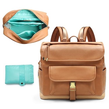 MOMINSIDE Diaper Bag Backpack 12 Pockets Leather Mini Diaper Bag Baby Bag Backpack Baby Registry Search 4 Insulated Pockets Changing Pad Stroller StrapsBrown