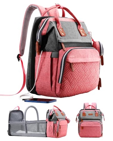 ISMGN Diaper Bag Backpack with Changing Station Large Diaper Bag Baby Bag Multifunctional Diaper Bag Pinkgray