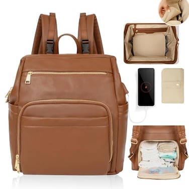 Omanmoli Diaper Bag Backpack Leather Large Baby Diaper Bag Essentials With 18 Organizing Pockets6 Insulated PocketsUSB Charging PortStroller StrapsChanging Pad Brown