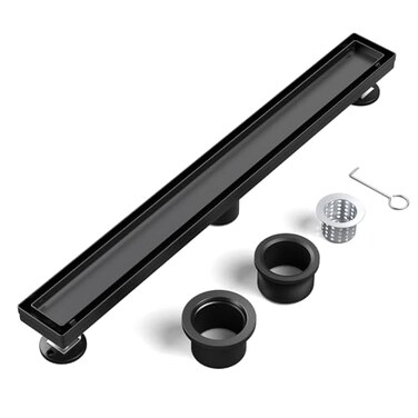 EXF Linear Shower Drain 36 Inch Matte Black with Reversible Flat Tile Insert Cover Stainless Steel Rectangle Shower Floor Drain with Hair Catcher Adjustable Feet