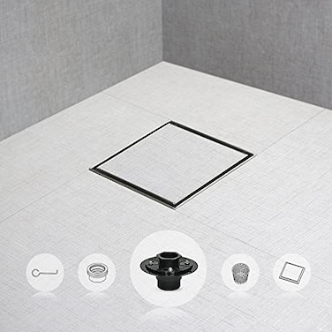 SaniteModar Square Shower Drain 6 inch with Shower Drain Base Tiled Stealth and 304 Stainless Steel Brushed Chrome 2 in 1 PanelsIncludes Hair Strainer and Threaded Adapter
