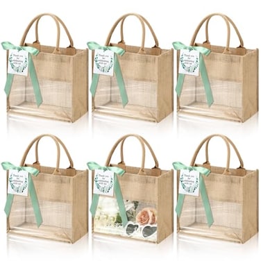 Breathffy 6 Pack Wedding Burlap Tote Bachelorette Gift Bags with Clear Window and Ribbon for Bridesmaid Beach Shower PartySage Green